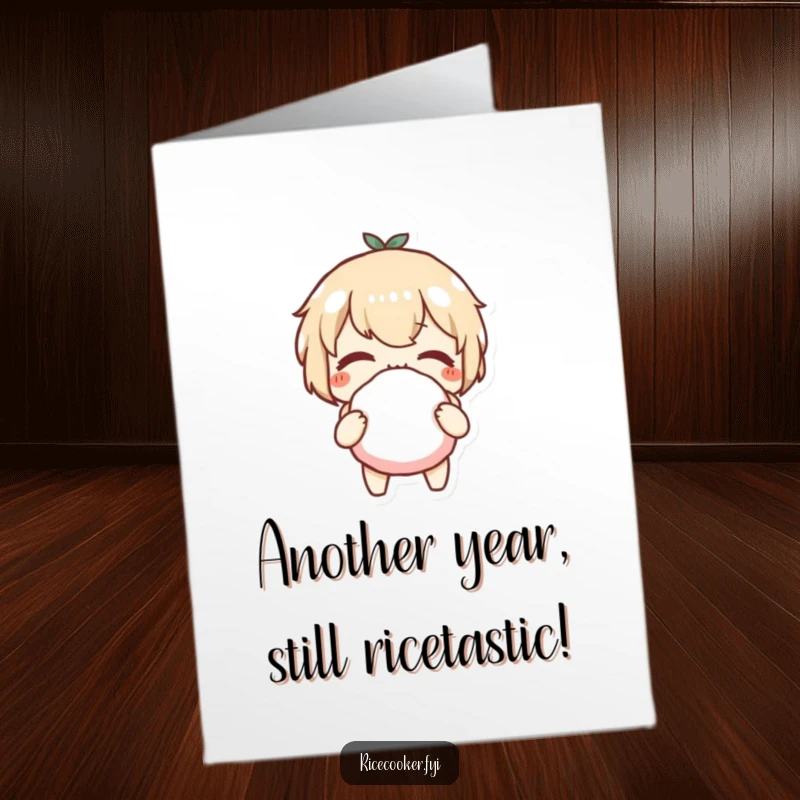Funny Free Printable Birthday Card: character winking mischievously while holding a perfect rice ball, ready to celebrate.