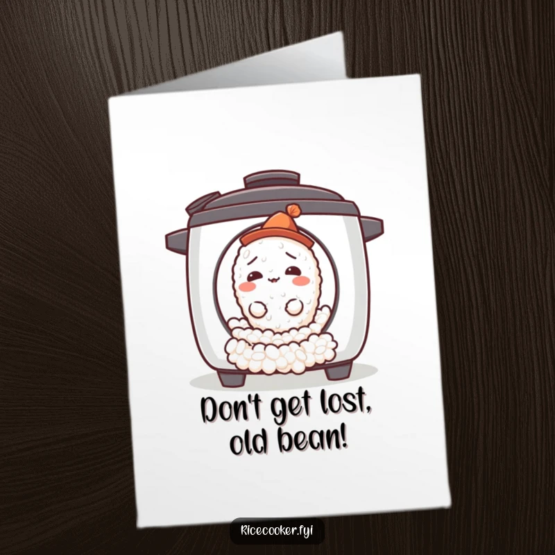 Funny Free Printable Birthday Card: A confused single rice grain wearing a tiny hat rolls out of a rice cooker.