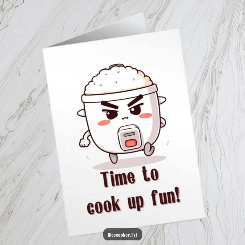 Funny Free Printable Birthday Card: A rice cooker with legs determinedly running, escaping the birthday party.