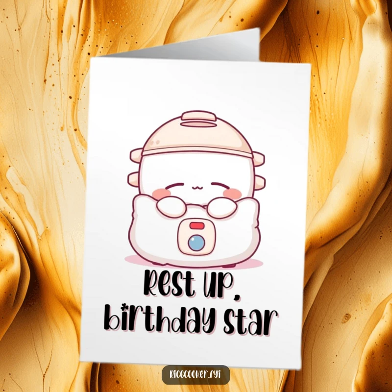 Funny Free Printable Birthday Card: Sleepy Rice Cooker, Snuggled in Pillow, Cute Nap