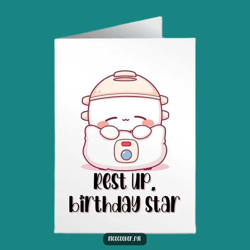 Free Printable Birthday Card: Sleepy Rice Cooker, Funny Downloadable Cozy Gift