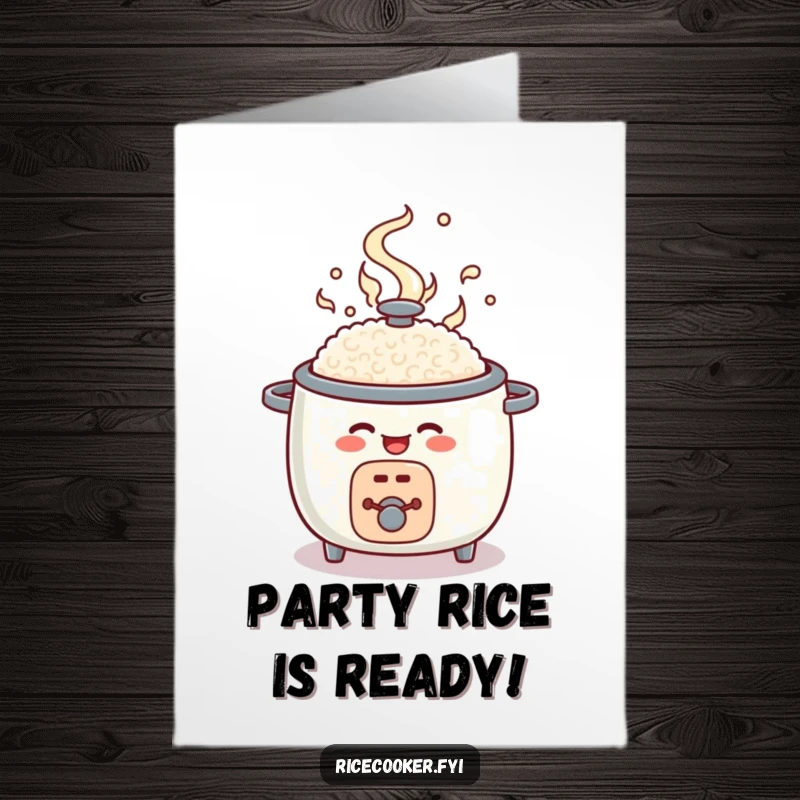 Funny Free Printable Birthday Card: A round rice cooker character joyfully popping open with swirling steam, celebrating their special day.