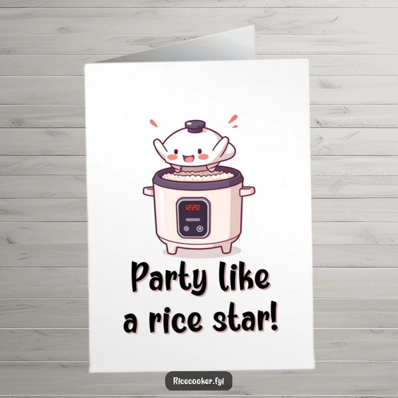 Funny Free Printable Birthday Card: A tiny rice cooker lid dramatically leaping off, celebrating your birthday.