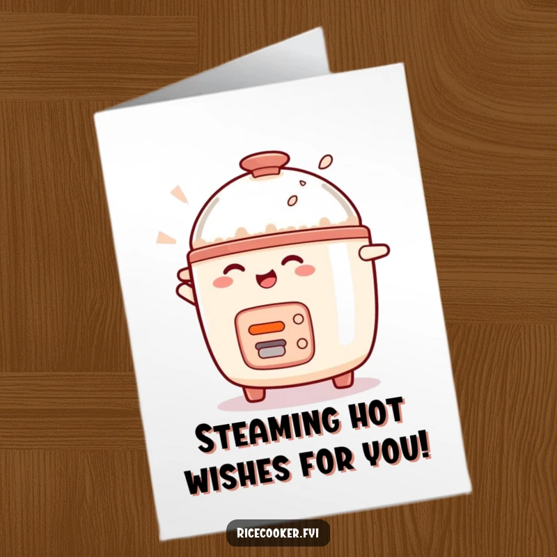 Funny Free Printable Birthday Card: Delighted rice cooker character spinning wildly with joy, perfect for a humorous celebration.