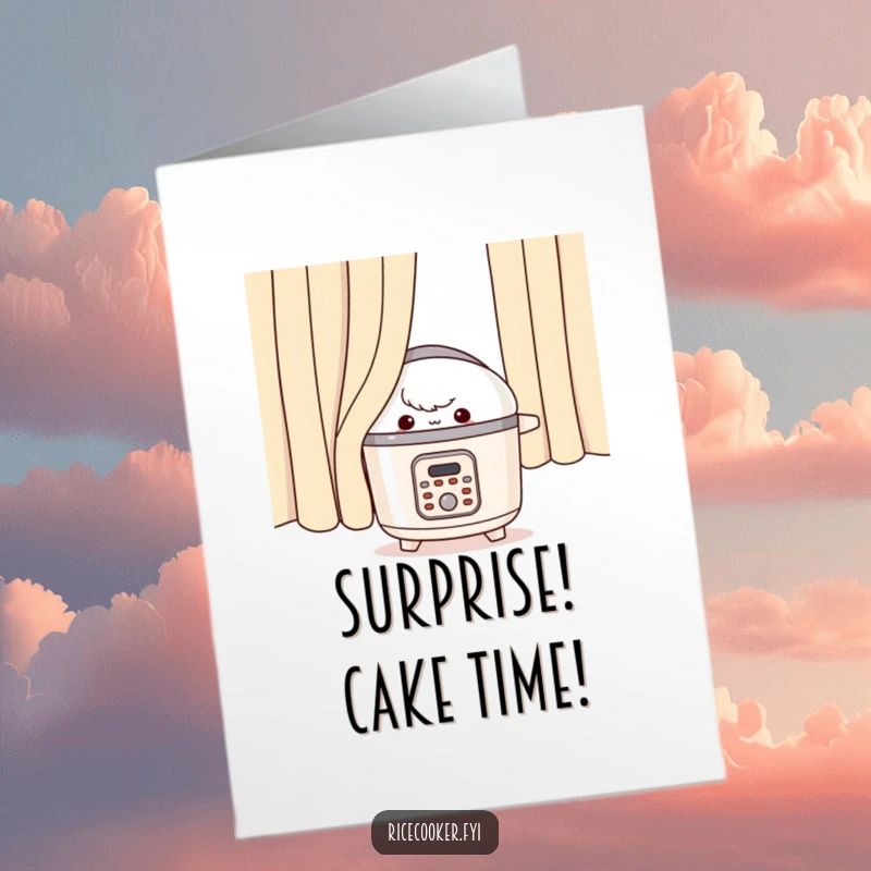 Funny Free Printable Birthday Card: A rice cooker peeking mischievously from behind a curtain, ready to surprise on their birthday.