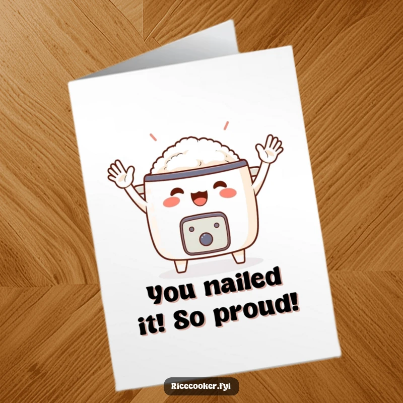 Funny Free Printable Congratulations Card showing an excited rice cooker with tiny arms enthusiastically waving to celebrate achievements.