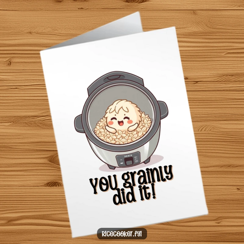 Funny Free Printable Congratulations Card: A cheerful rice grain character rolling with glee inside a clean cooker, humorous downloadable design.