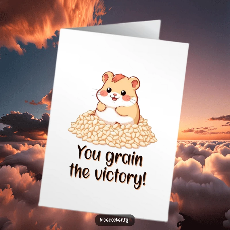 Funny Free Printable Congratulations Card: A cheerful hamster joyfully submerging itself in a giant pile of fluffy rice grains.