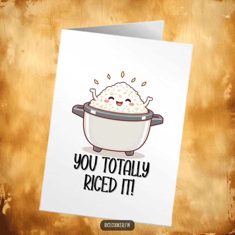 Funny Free Printable Congratulations Card: A joyful pile of cooked rice is dancing enthusiastically inside an open rice cooker.