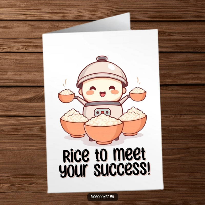 Funny Free Printable Congratulations Card: A smiling rice cooker frantically juggling bowls of rice, celebrating success with humor.
