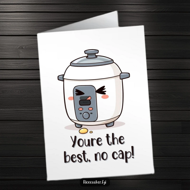 Funny Free Printable Thank You Card depicting a sly rice cooker winking cheekily and letting a grain of rice slip, charmingly naughty.