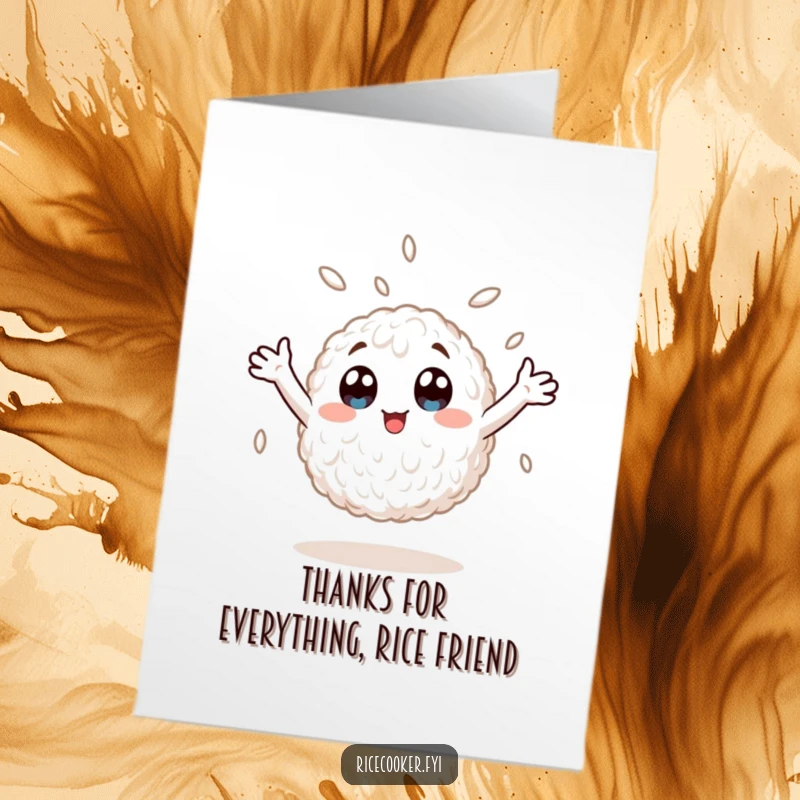 Funny Free Printable Thank You Card: A happy, wide-eyed rice grain spinning with gratitude, ready to thank you.