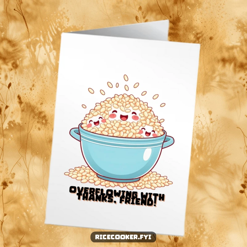 Funny Free Printable Thank You Card: A happy pot of rice overflows with numerous tiny grain faces, all laughing.