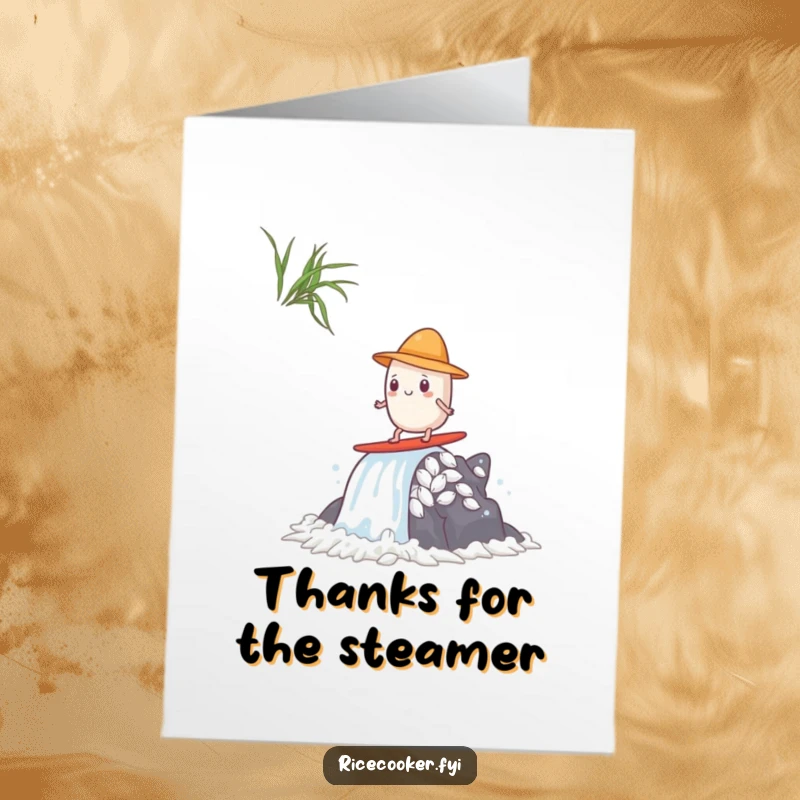 Funny Free Printable Thank You Card: A hatted rice grain surfing a steam waterfall, sending thanks.