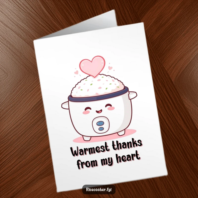 Funny Free Printable Thank You Card: Smiling rice cooker steaming a heart, a unique way to say thanks.
