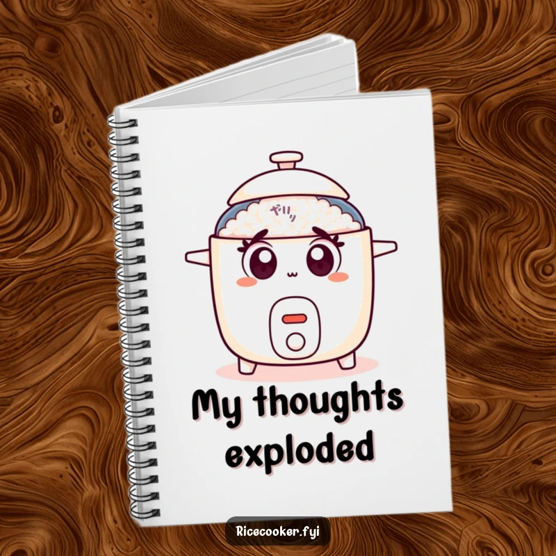 Funny rice cooker notebook designed with shocked cartoon eyes and a popping lid, ideal for jotting down ideas.