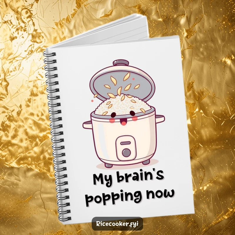 Funny notebook with a surprised rice cooker, lid open, showing dancing rice grains, perfect for jotting down humorous notes.