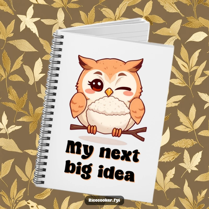 Funny notebook with a winking owl presenting a delicious rice ball, perfect for notes, journaling, and sketching with humor.