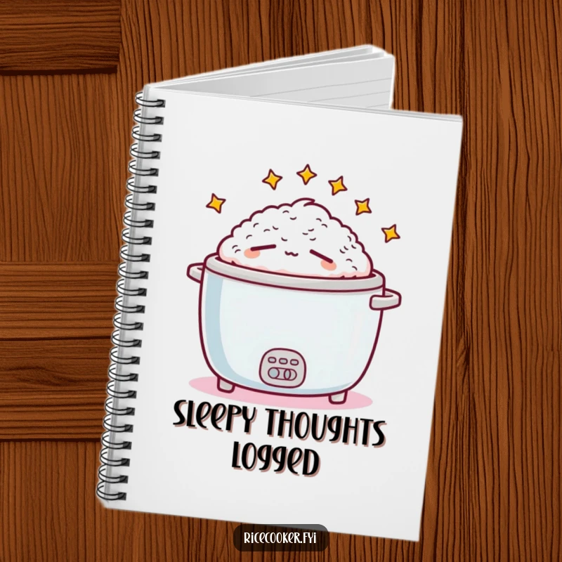 Funny sleepy rice cooker cover design on a notebook, ideal for jotting down notes with a humorous, tired appeal.