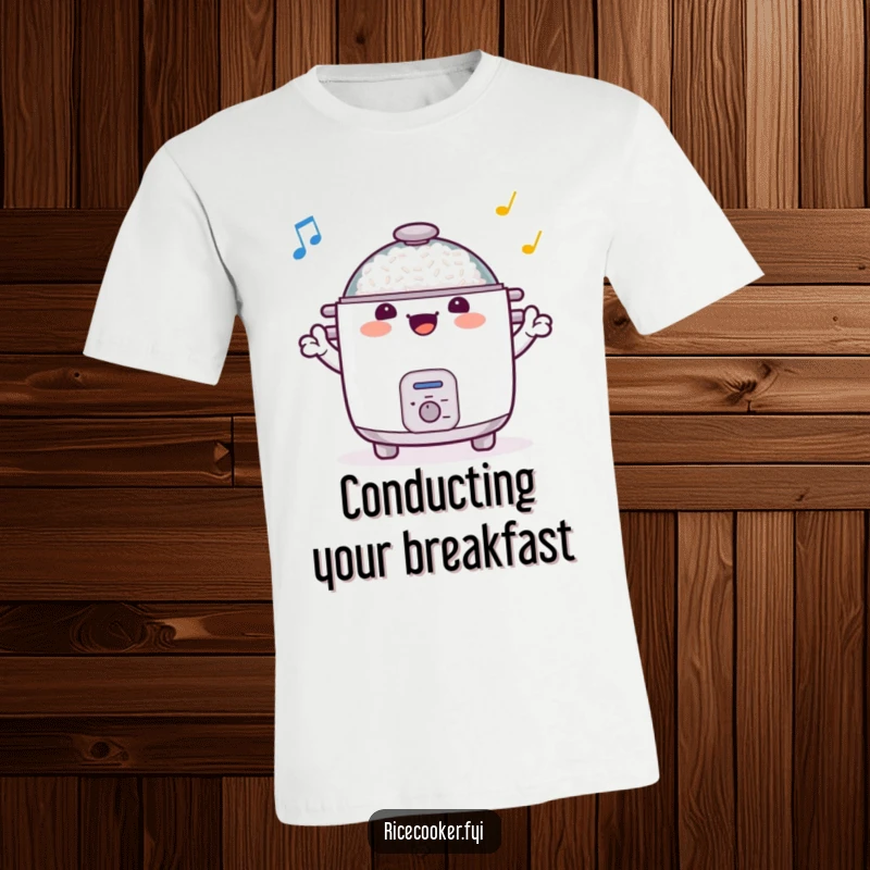Funny t-shirt depicting a smiling rice cooker with arms outstretched, conducting an invisible orchestra with musical flair, a comical apparel choice.