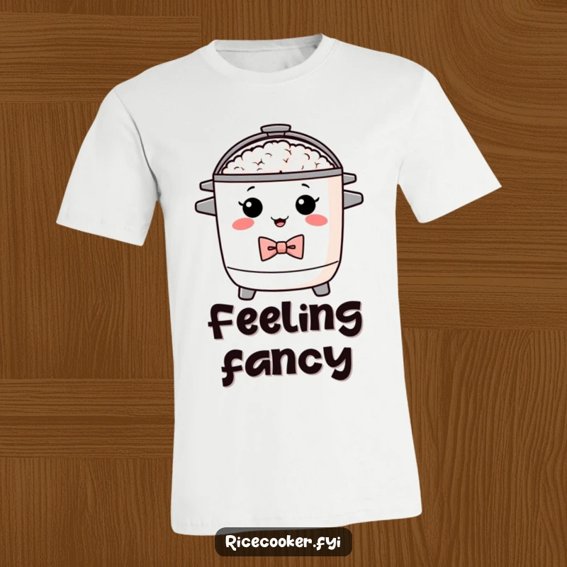 Funny t-shirt depicting a proud rice cooker wearing a bow tie. Ideal funny gift for the well-dressed appliance enthusiast.