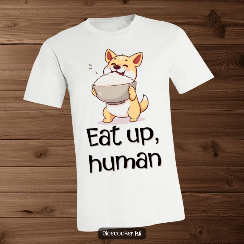 Funny dog t-shirt. An ecstatic dog presents a massive bowl of steaming rice with a flourish, celebrating its meal.