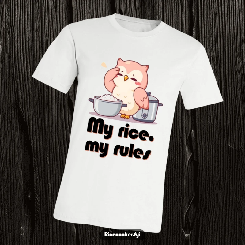 Funny owl t-shirt featuring a tired owl mopping its brow beside a rice cooker, capturing a moment of intense kitchen effort.
