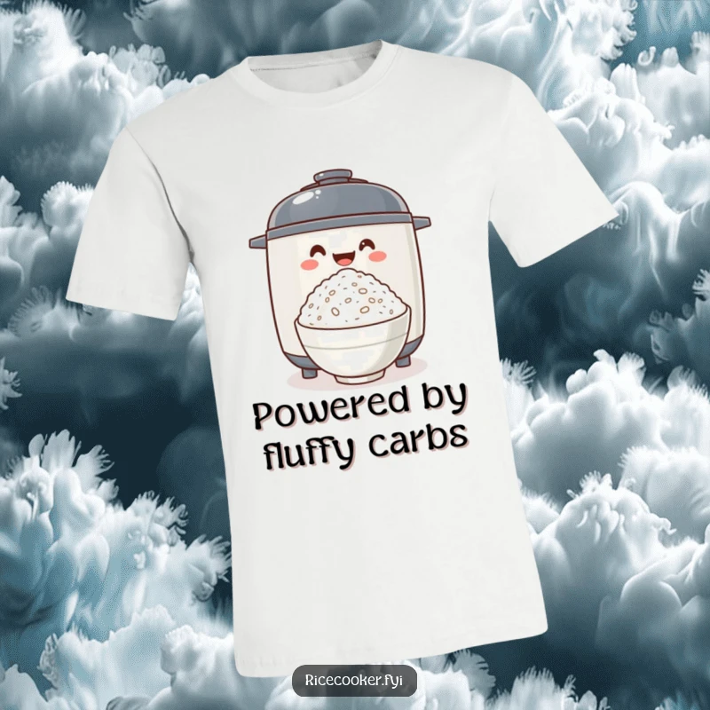 Funny rice cooker excitedly offering fluffy rice, showcasing culinary joy and deliciousness on a fun and comfortable t-shirt.