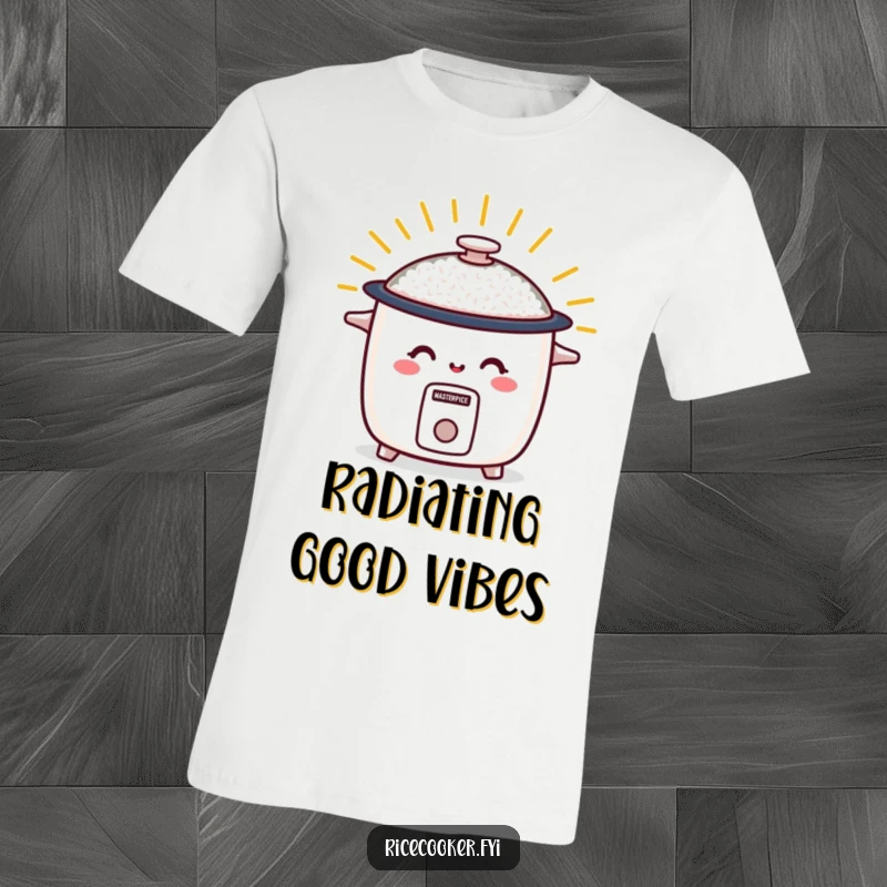 Funny t-shirt with a smiling rice cooker radiating warm energy, a cheerful and humorous design for a positive vibe.