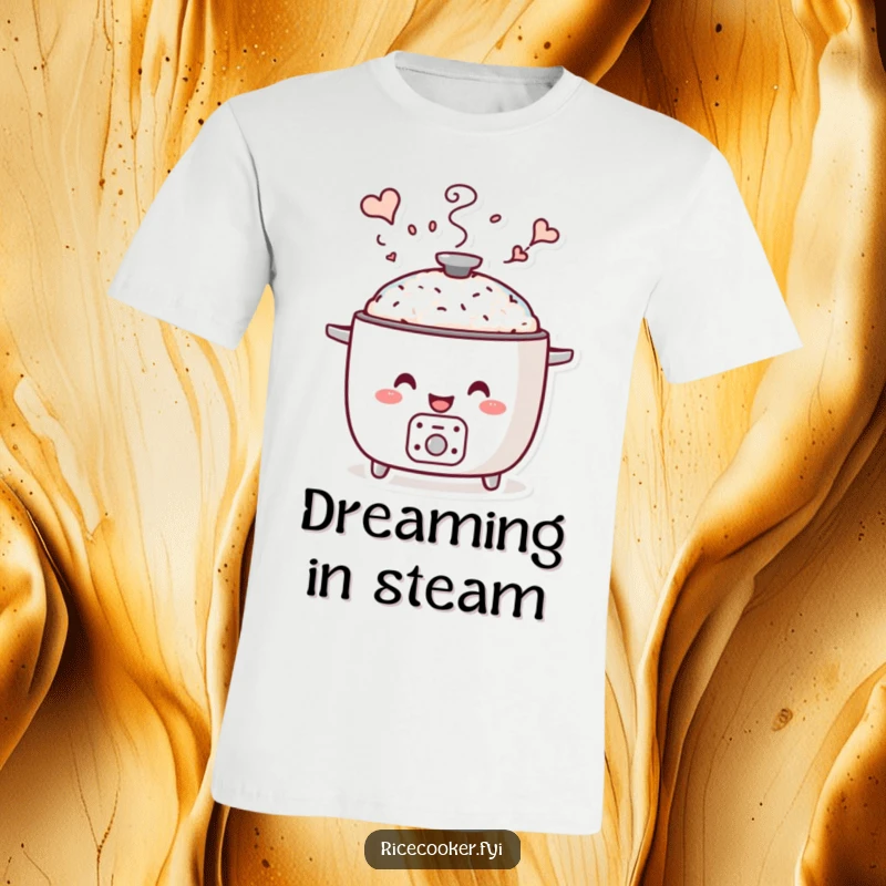 Funny whimsical steam t-shirt featuring a smiling rice cooker whose steam gracefully transforms into playful, imaginative shapes.