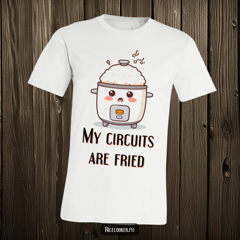 Funny surprised rice cooker t-shirt showing smoke billowing out, a humorous depiction of a cooking gone wrong.