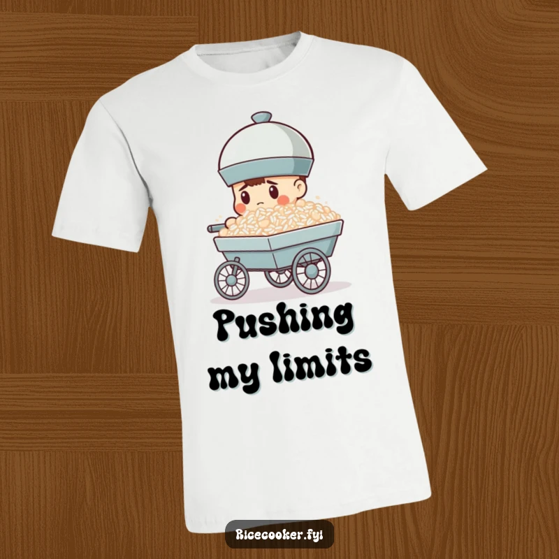 Funny t-shirt depicts a resolute rice cooker pushing a cart laden with rice, symbolizing determination and hard work.