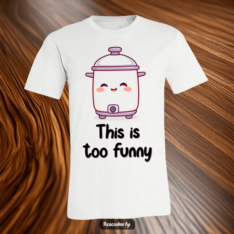 Funny smiling rice cooker character with its lid tilted in amusement on a comfortable t-shirt.