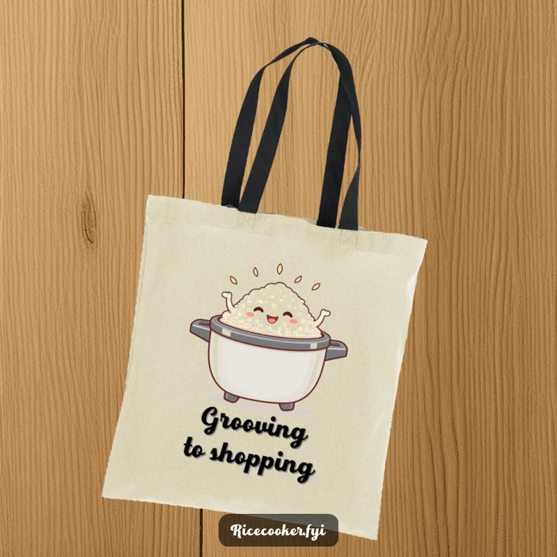 Funny dancing rice tote bag depicting a joyous pile of cooked rice enthusiastically dancing inside an open rice cooker.