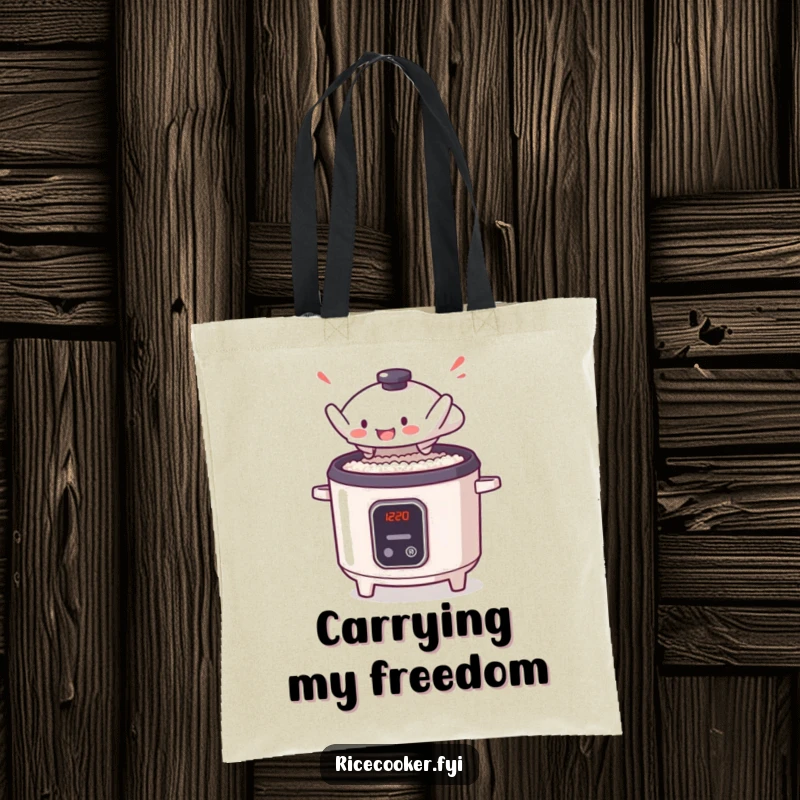 Funny tote bag showcasing a small rice cooker lid in a dramatic mid-air leap, escaping its appliance with anime-inspired pluck.