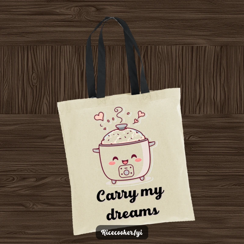 Funny whimsical steam tote bag depicting a smiling rice cooker with steam artfully creating playful and imaginative shapes.