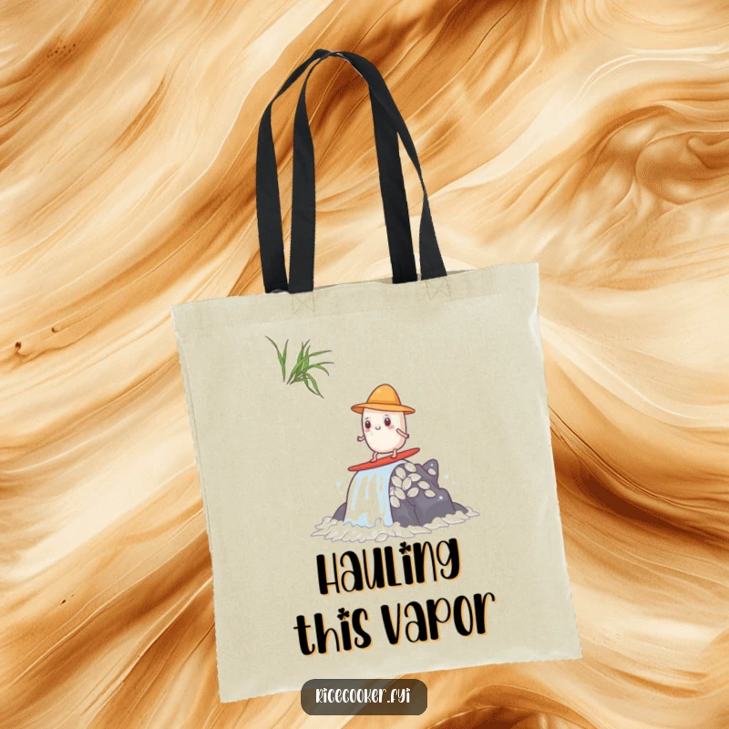 Funny tote bag showing a rice grain with a tiny hat, riding a powerful steam waterfall like a seasoned anime surfer.